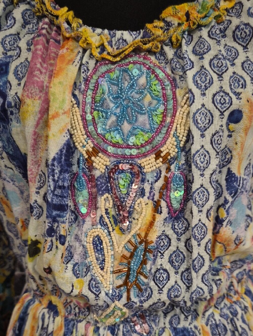 Antica Sortoria Embroidered Floral Long-Sleeve Tassel Dress in Blue and Yellow - Picture 3 of 12